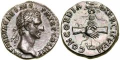Nerva. Silver Denarius (3.4 g), AD 96-98. Rome, AD 96. IMP NERVA CAES AVG P M TR P COS II P P, laureate head of Nerva right. Reverse CONCORDIA EXERCITVVM, clasped hands before aquila set on prow. RIC 