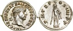 Trajan. Silver Denarius (3.6 g), AD 98-117. Rome, AD 101/2. IMP CAES NERVA TRAIAN AVG GERM, laureate head of Trajan right. Reverse P M TR P COS IIII P P, statue of Hercules standing facing on small ba