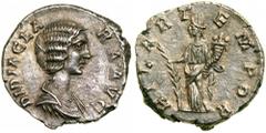 Didia Clara. Silver Denarius (2.35 g), Augusta, AD 193. Rome, under Didius Julianus. DIDIA CLA-RA AVG, draped bust of Didia Clara right. Reverse HILAR T-EMPOR, Hilaritas standing facing, head left, ho