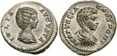 Julia Domna, with Geta, as Caesar. Silver Denarius (3.22 g), Augusta, AD 193-217. Rome, under Septimius Severus and Caracalla, AD 201/2. IVLIA AVGSTA, draped bust of Julia Domna right. Reverse P SEPT 
