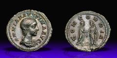 Annia Faustina. Silver Denarius (3.22 g), Augusta, AD 221. Rome, under Elagabalus. ANNIA FAVSTINA AVG, draped bust of Annia Faustina right. Reverse CONCORDIA, Elagabalus, togate, and Annia Faustina, d