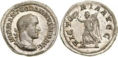 Gordian II Africanus. Silver Denarius (3.03 g), AD 238. Rome. IMP M ANT GORDIANVS AFR AVG, laureate, draped and cuirassed bust of Gordian II right. Reverse VICTO-RIA AVGG, Victory advancing left, hold