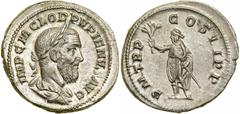 Pupienus. Silver Denarius (3.60 g), AD 238. Rome. IMP C M CLOD PVPIENVS AVG, laureate, draped and cuirassed bust of Pupienus right. Reverse P M TR P COS II P P, emperor, togate, standing facing, head 
