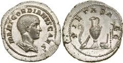 Gordian III. Silver Denarius (2.94 g), as Caesar, AD 238. Rome, under Balbinus and Pupienus, AD 238. M ANT GORDIANVS CAES, bare-headed and draped bust of Gordian III right. Reverse PIETAS A-VGG, pries