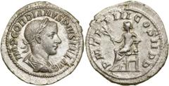 Gordian III. Silver Denarius (3.1 g), AD 238-244. Rome, AD 241-243. IMP GORDIANVS PIVS FEL AVG, laureate, draped and cuirassed bust of Gordian III right. Reverse P M TR P III COS II P P, Apollo seated