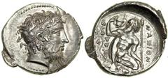 Sicily, Naxos, c. 425-415 BC. AR Tetradrachm (16.74 g). Head right of Dionysios, hair bound with taenia ornamented with ivy. Reverse Silenos squatting, head left, holding kantharos and thyrsos; to lef