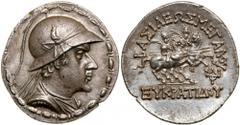 Baktrian Kingdom. Eukratides I. Silver Tetradrachm (16.9 g), ca. 171-145 BC. Diademed, draped and cuirassed bust of Eukratides I right, wearing crested helmet adorned with bull's horn and ear. Reverse