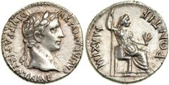Augustus, 27 BC-AD 14. AR Denarius (3.8g), minted at Lugdunum, AD 13-14. Laureate head right of Augustus. Reverse Female (Livia?) seated right, holding scepter and branch. RIC 220 [as R2]; BMC 545; C.