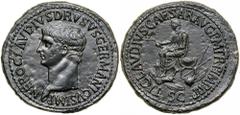Nero Claudius Drusus. Sestertius (29.0 g), died 9 BC. Rome, under Claudius, ca. AD 50-54. NERO CLAVDIVS DRVSVS GERMANICVS IMP, bare head of Nero Claudius Drusus left. Reverse TI CLAVDIVS CAESAR AVG P 