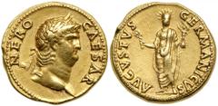 Nero. Gold Aureus (7.38 g), AD 54-68. Rome, ca. AD 64/5. NERO CAESAR, laureate head of Nero right. Reverse: AVGVSTVS GERMANICVS, Nero, radiate and togate, standing facing, holding branch in right hand