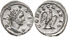 Divus Titus. Silver Antoninianus (5.0 g), died AD 81. Rome, under Trajan Decius, AD 250/1. DI-V-O TITO, radiate head of Titus right. Reverse CONSECRATIO, eagle standing right, head left, with wings di