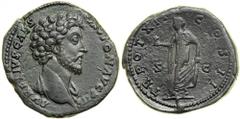Marcus Aurelius, AD 161-180. AE Sestertius (26.7g) minted at Rome as Caesar by Antoninus Pius, AD 157-158. Bare-headed and draped bust right of Marcus Aurelius. Reverse Spes advancing left, holding fl