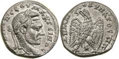 Macrinus, AD 217-218. Billon Tetradrachm (13.9g). Issued at Seleucia Pieria, AD 217-218. Large laureate bust of Macrinus to right. Reverse Eagle seen from front, wings spread, head left with laurel-wr