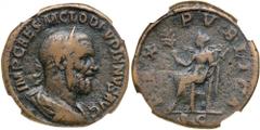 Pupienus. Sestertius (21.11 g), AD 238. Rome. IMP CAES M CLOD PVPIENVS AVG, laureate, draped and cuirassed bust of Pupienus right. Reverse PAX PVBLICA, S C in exergue, Pax seated left, holding branch 