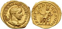 Gordian III. Gold Aureus (5.1 g), AD 238-244. Rome, AD 241-243. IMP GORDIANVS PIVS FEL AVG, laureate, draped and cuirassed bust of Gordian III right. Reverse: P M TR P VI COS II P P, Apollo seated lef