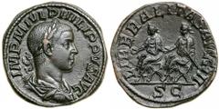 Philip II. AE Sestertius (19.2 g), AD 247-249. Rome, AD 249. IMP M IVL PHILIPPVS AVG, laureate, draped and cuirassed bust of Philip II right. Reverse LIBERALITAS AVGG III, Philip I and Philip II seate
