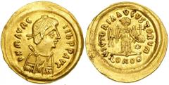 Maurice Tiberius, 582-602. Gold Tremissis (1.51 g) minted at Ravenna. Diademed, cuirassed and draped bust right of Maurice Tiberius. Reverse Victory advancing right with head left, holding wreath and 