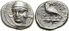 Thessaly, Larissa. Silver Drachm (6.1 g), ca. 370-360 BC. AΛ[EY] in small letters to right, head of Aleuas facing slightly left, wearing conical helmet; in right field, labrys . Reverse: [Λ]APIΣAIA, e