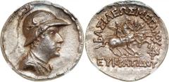 Baktrian Kingdom. Eukratides I. Silver Tetradrachm (16.99g), ca. 171-135 BC. Diademed, helmeted and draped bust of Eukratides I; helmet, adorned with bull's horn and ear. Reverse: BAΣIΛEΩΣ MEΓAΛOY EYK