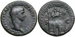 Claudius. Æ Sestertius (28.1 g), AD 41-54. Rome, ca. AD 50-54. TI CLAVDIVS CAESAR AVG P M TR P IMP P P, laureate head of Claudius right. Reverse: NERO CLAVDIVS DRVSVS GERMAN IMP, S C across field, tri