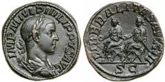 Philip II. AE Sestertius (19.2 g), AD 247-249. Rome, AD 249. IMP M IVL PHILIPPVS AVG, laureate, draped and cuirassed bust of Philip II right. Reverse: LIBERALITAS AVGG III, Philip I and Philip II seat