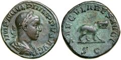 Philip II. Æ Sestertius (18.5 g), AD 247-249. Saecular Games issue. Rome, under Philip I, AD 248. IMP M IVL PHILIPPVS AVG, laureate, draped and cuirassed bust of Philip II right. Reverse: SAECVLARES A