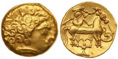 Celtic, Northwest Gaul. Gold 1/4 Stater (2.04 g), 3rd-Early 2nd Centuries BC. Bearded head right. Reverse: Trumpeter atop horse right, blowing carnyx;below, candelabra-shaped figure kneeling with arms