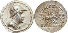 Baktrian Kingdom. Eukratides I. Silver Tetradrachm (16.9 g), ca. 171-145 BC. Diademed, draped and cuirassed bust of Eukratides I right, wearing crested helmet adorned with bull's horn and ear. Reverse