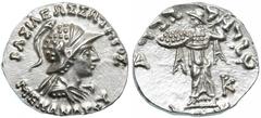 Baktrian Kingdom. Menander I. Silver Drachm (2.6 g), ca. 165/55-130 BC. , diademed and draped bust right, wearing crested helmet adorned with bull's horn and ear. Reverse: Athena Alkidemos left;in low