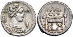 L. Furius Cn.f. Brocchus. Silver Denarius (3.7 g), 63 BC. Rome. BROCCHI below, III VIR across field above, draped bust of Ceres right, wreathed with grain ears, lock of hair falling down neck;in field