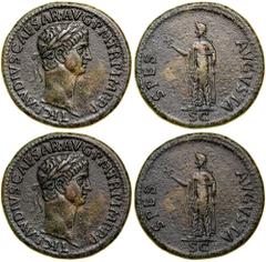 Claudius. Sestertius (26.7 g), AD 41-54. Rome, ca. AD 42-54. TI CLAVDIVS CAESAR AVG P M TR P IMP P P, laureate head of Claudius right. Reverse: SPES AVGVSTA, S C in exergue, Spes advancing left, holdi