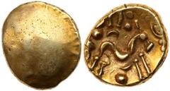 Celtic, Gaul. Ambiani. Gold Stater (6.1 g), 55 BC. Gallic War type. Blank. Reverse: Disjointed horse right with large pellet underneath. Van Arsdell 56-1; Sheers Cl. E-IV, Pl. VI, no. 155. Toned. Choi