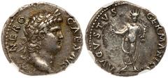 Nero. Silver Denarius (3.17 g), AD 54-68. Rome, ca. AD 64. NERO CAESAR, laureate head of Nero right. Reverse: AVGVSTVS GERMANICVS, Nero radiate and togate, standing facing with knee bent; holding, a b