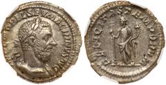 Macrinus. Silver Denarius (3.22 g), AD 217-218. Rome, AD 217. IMP C M OPEL SEV MACRINVS AVG, laureate and cuirassed bust of Macrinus right. Reverse: FELICITAS TEMPORVM, Felicitas standing left, holdin
