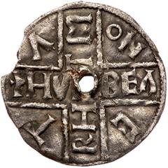Great Britain. Penny, ND. S.1050; N.618. Aethelwulf of Wessex, 839-858. Phase 4, BMC xvii; EMC 025622. +HVNBEA RHTM ON ETA. Viking traded portrait penny. Pierced. Excessively rare. Sharpness of Very F