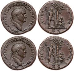 Vespasian. Æ Sestertius (26.97 g), AD 69-79. 'Judaea Capta' type. Rome, AD 71. IMP CAES VAESPASIAN AVG P M TR P P P COS III, laureate head of Vespasian right. Reverse: IVDEA CAPTA, S C in exergue, pal