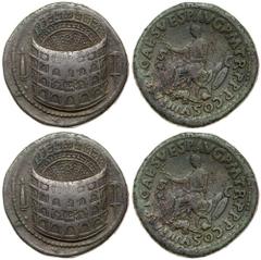 Titus. Æ Sestertius (25.87 g), AD 79-81. Rome, AD 80/1. View of the Amphitheatrum Flavium (the Colosseum) between the Meta Sudans, on left, and porticoed building, on right; the exterior of the monume