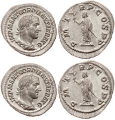 Gordian I Africanus. Silver Denarius (2.93 g), AD 238. Rome. IMP M ANT GORDIANVS AFR AVG, laureate, draped, and cuirassed bust of Gordian I right. Reverse: P M T R P COS P P, emperor standing facing, 
