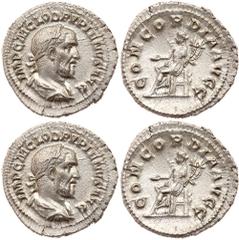 Pupienus. Silver Denarius (2.61 g), AD 238. Rome. IMP C M CLOD PVPIENVS AVG, laureate, draped and cuirassed bust of Pupienus right. Reverse: CONCORDIA AVGG, Concordia seated left, holding patera and d