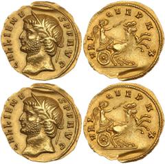 Gallienus. Gold aureus (3.15 g), AD 253-268. Rome, AD 265. GALLIENVS-S P F AVG, head of Gallienus left, wreathed with stalks of grain. Reverse: VBI-QVE PA-X, Victory, holding whip and reins, driving g