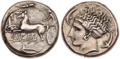 Sicily, Syracuse. Dionysios I. Silver Tetradrachm (17.42 g), 405-367 BC Choice V. Ca. 405-400 BC. Unsigned dies by the artist Eukleidas. Charioteer driving galloping quadriga left, holding kentron and