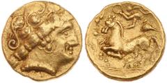 Celtic. Northwest Gaul. Gold 1/4 Stater (1.98 g), 3rd-early 2nd century BC Nearl. Diademed head right; no symbol below neck truncation. Reverse: Rider, holding torque, on horseback galloping left; bef