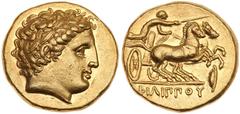 Macedonian Kingdom. Philip II. Gold Stater, 359-336 BC EF. Minted at Amphipolis, ca. 340/336-328 BC. Laureate head of Apollo right. Reverse: in exergue, charioteer, holding kentron and reins, driving 