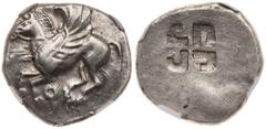Corinthia, Corinth. Silver Stater (8.62 g), ca. 550-500 BC. Pegasos flying left; below, Qoppa. Reverse: Incuse square of clockwise swastika pattern. Pegasi 18; BCD Corinth -. A very pleasing example o