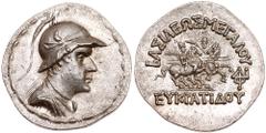 Baktrian Kingdom. Eukratides I. Silver Tetradrachm (16.90 g), ca. 171-145 BC Min. Diademed, draped and cuirassed bust of Eukratides I right, wearing crested helmet adorned with bull's horn and ear. Re