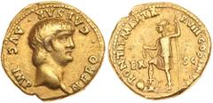 Nero. Gold Aureus (7.45 g), AD 54-68 About VF. Rome, AD 61/2. NERO CAESAR AVG IMP, bare head of Nero right. Reverse: PONTIF MAX TR P VIII COS IIII P P, EX S C across field, Virtus standing left, resti