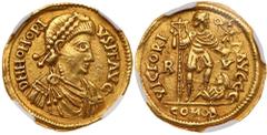 Visigoths in Spain, Imperial imitative coinage. In the name of Honorius. Gold So. In the name of Honorius. Pseudo-Ravenna. D N HONORI-VS P F AVG, diademed, draped and cuirassed bust of Honorius right.