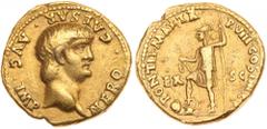 Nero. Gold Aureus (7.45 g), AD 54-68 About VF About VF. Rome, AD 61/2. NERO CAESAR AVG IMP, bare head of Nero right. Reverse: PONTIF MAX TR P VIII COS IIII P P, EX S C across field, Virtus standing le