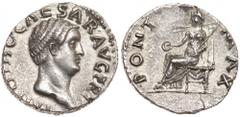 Otho. Silver Denarius (2.85 g), AD 69 EF. Rome. IMP OTHO CAESAR AVG TR P, bare head of Otho right. Reverse: PONT MAX, Vesta seated left, holding patera and scepter. RIC 24; BMC 11; RSC 7. Boldly struc