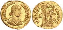 Visigoths. Pseudo-Imperial Series. Gold Solidus (4.42 g), in Gaul, 417-507 Nearl. In the name of Valentinian III, with Ravenna mintmark, but of distinctly Gallic style, ca. 425/6-430(?). D N PLA VALEN